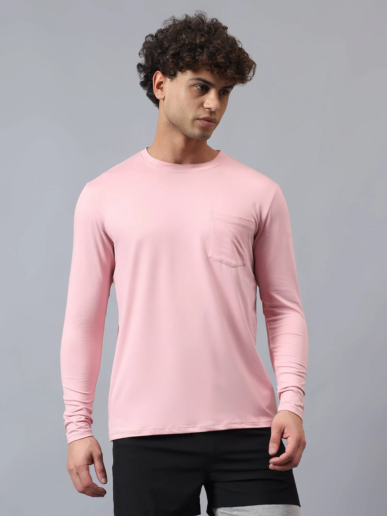 Fitkin men's nude pink raw edge neck style long sleeevs t-shirt
