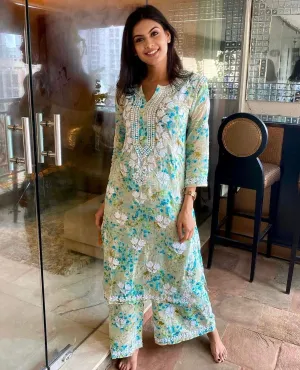 Floral Chikankari cotton Kurti With Pant In Mul Mul Cotton