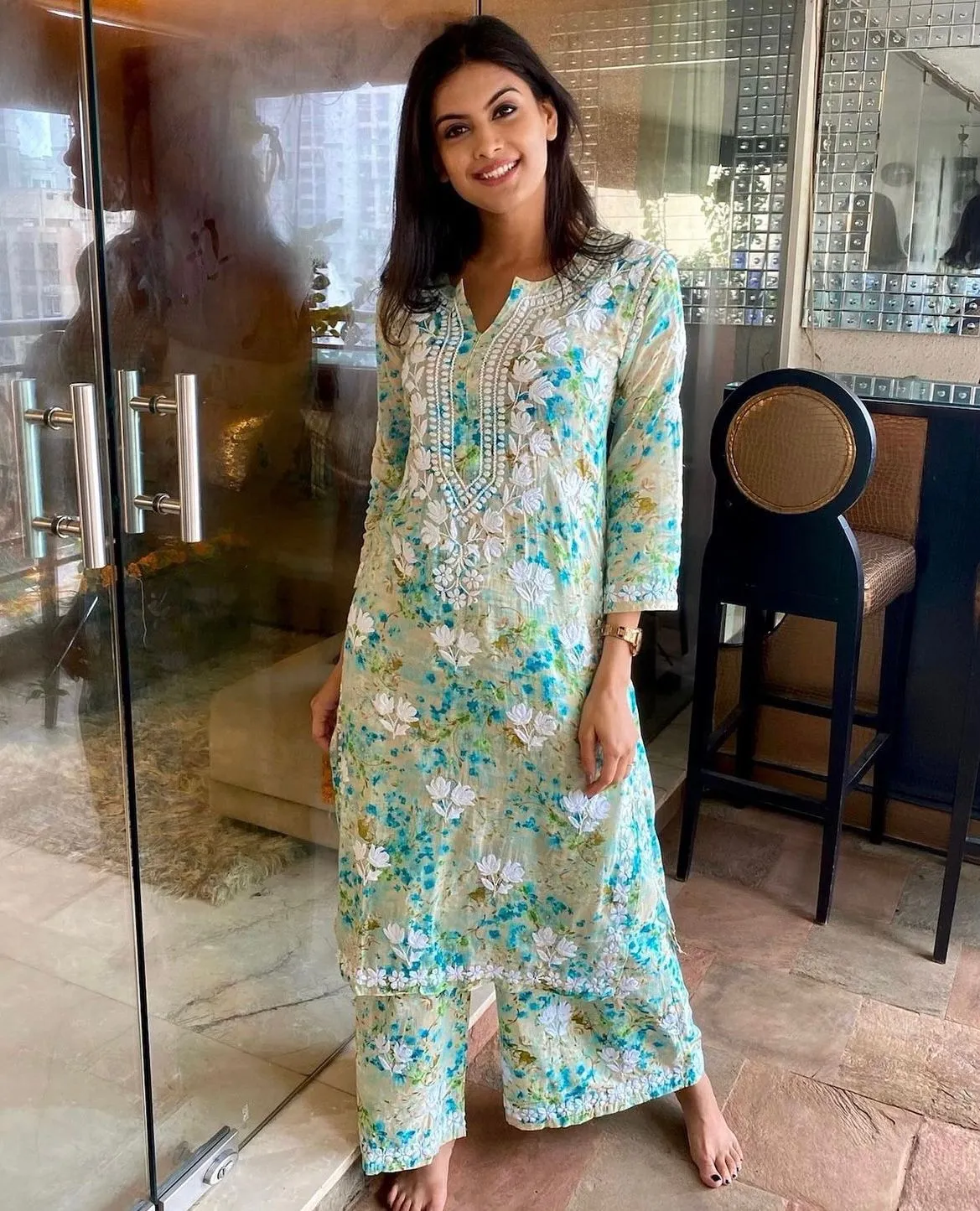 Floral Chikankari cotton Kurti With Pant In Mul Mul Cotton
