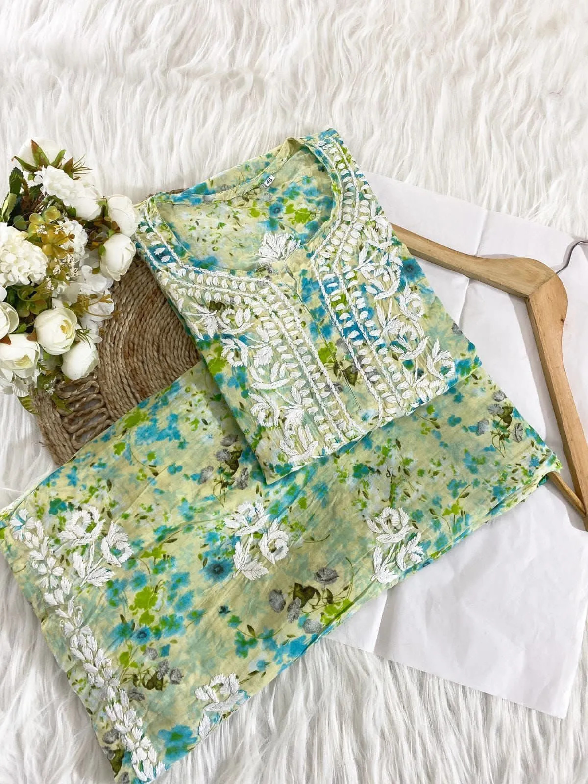 Floral Chikankari cotton Kurti With Pant In Mul Mul Cotton