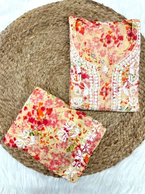 Floral Chikankari cotton Kurti With Pant In Mul Mul Cotton