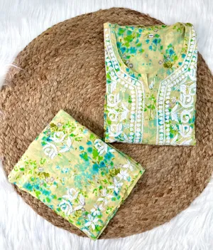 Floral Chikankari cotton Kurti With Pant In Mul Mul Cotton
