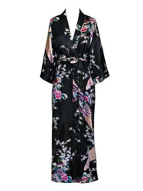 Floral Kimono Maxi Satin Silk Robe