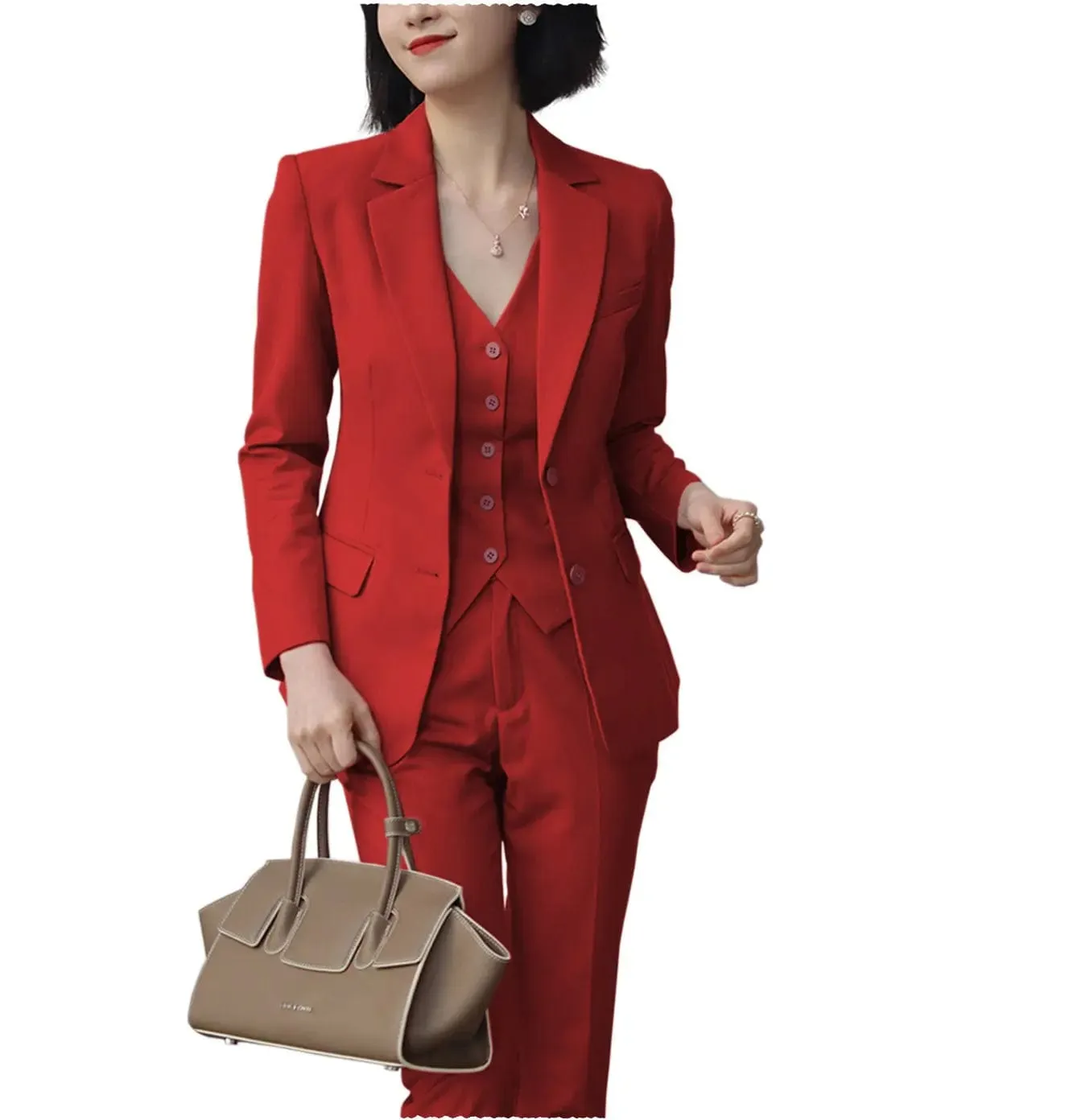 Formal 3 Pieces Women Suit Solid Peak Lapel Blazer