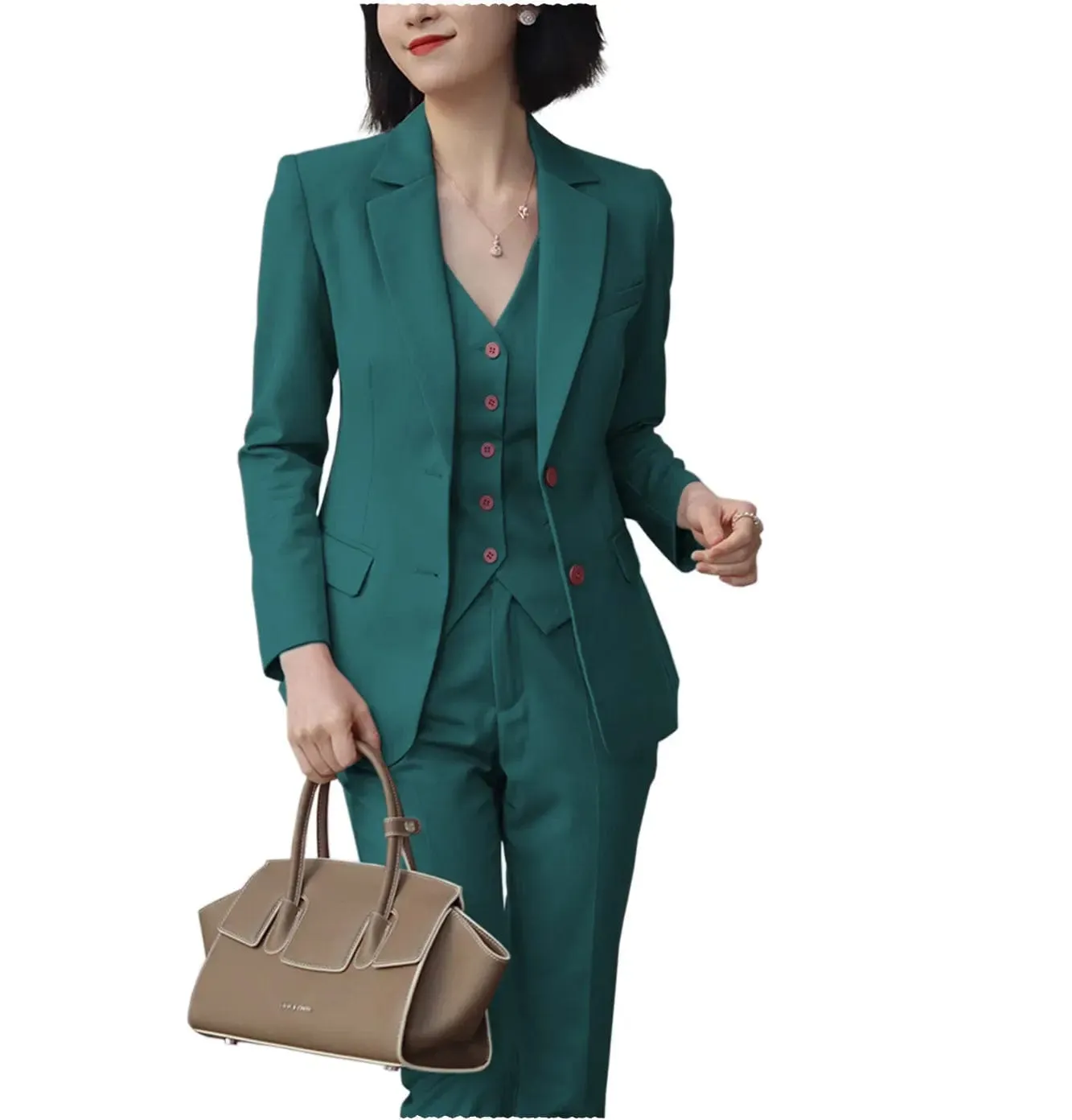 Formal 3 Pieces Women Suit Solid Peak Lapel Blazer