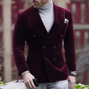 Fusion Stylish Men Double Breasted Burgundy Velvet Blazer for Men Slim Fit Men Suit Jacket