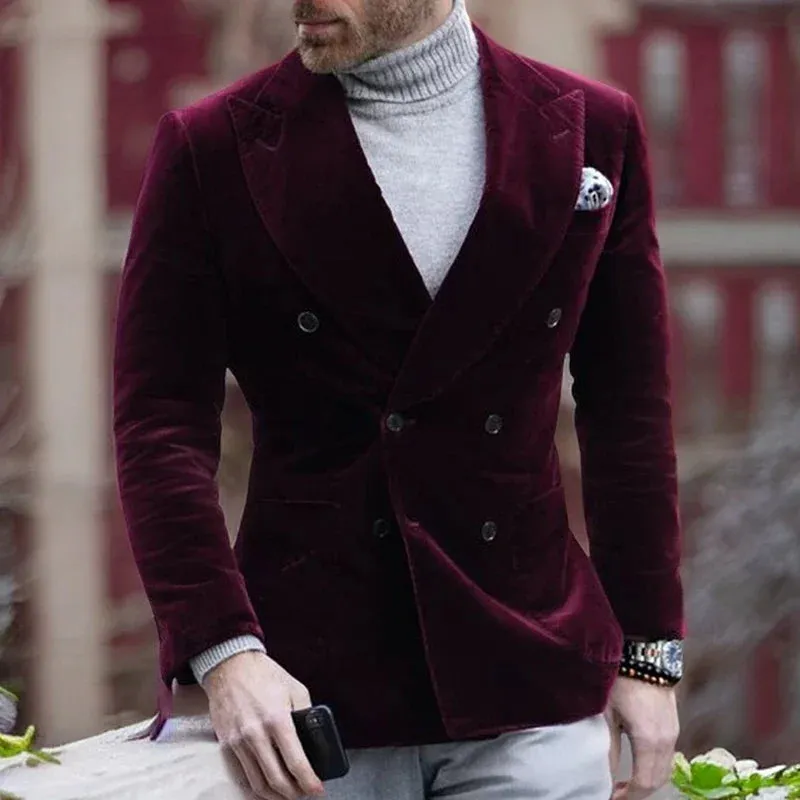 Fusion Stylish Men Double Breasted Burgundy Velvet Blazer for Men Slim Fit Men Suit Jacket