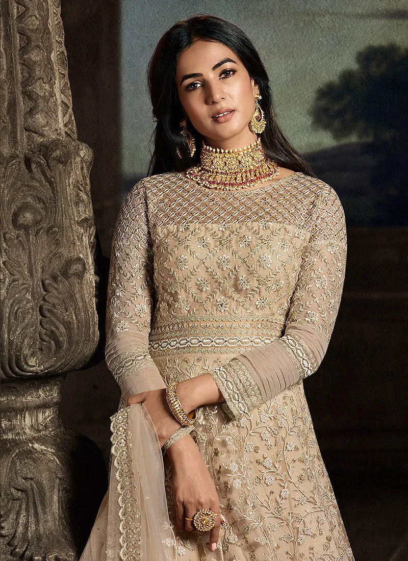 Golden Beige Embroidered Anarkali Suit