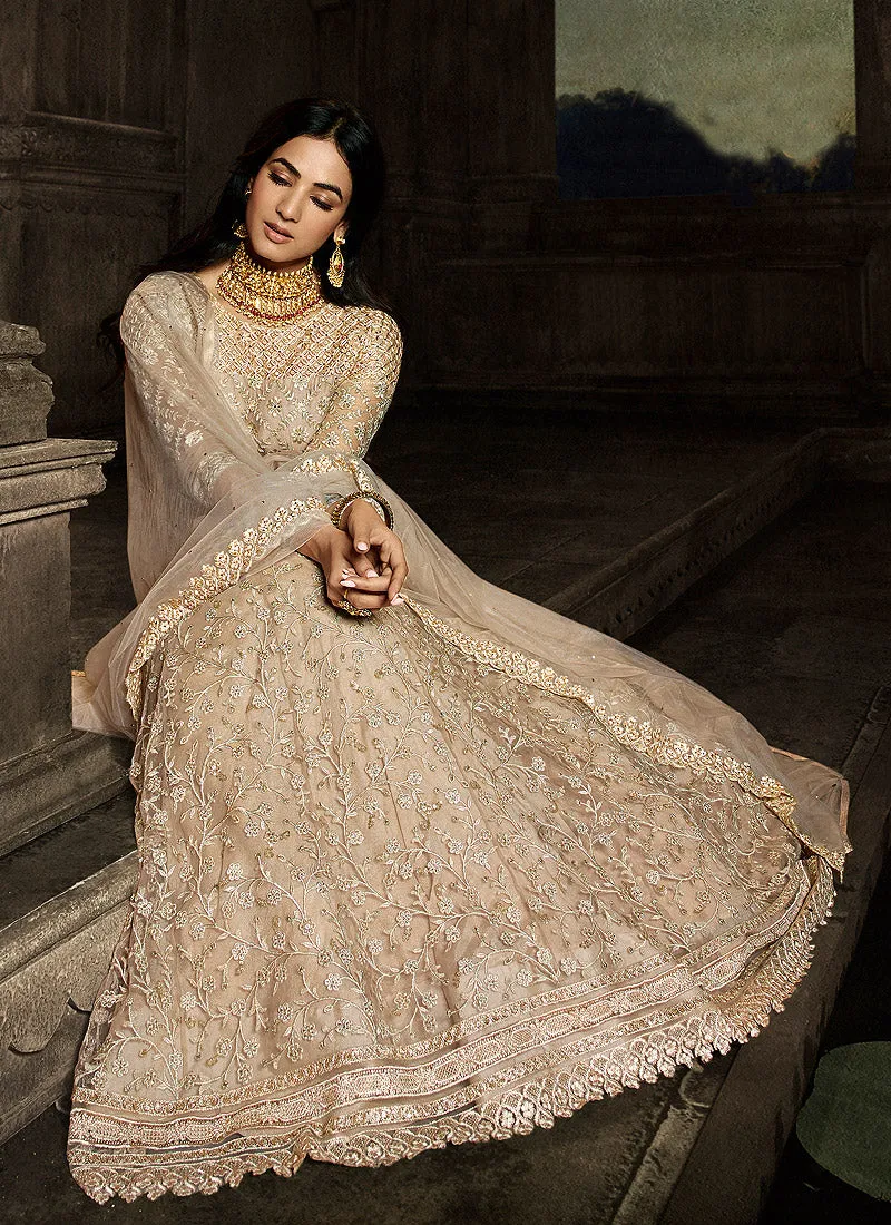Golden Beige Embroidered Anarkali Suit