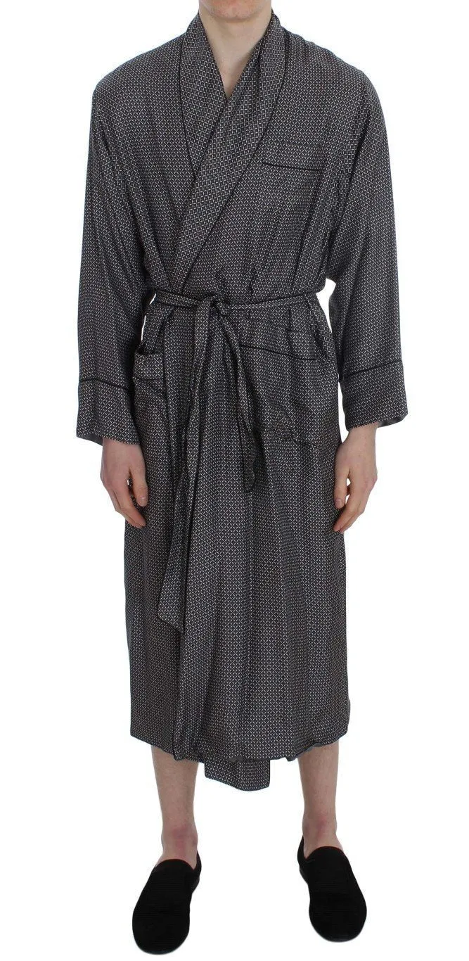Gray Baroque Print Silk Sleepwear Robe