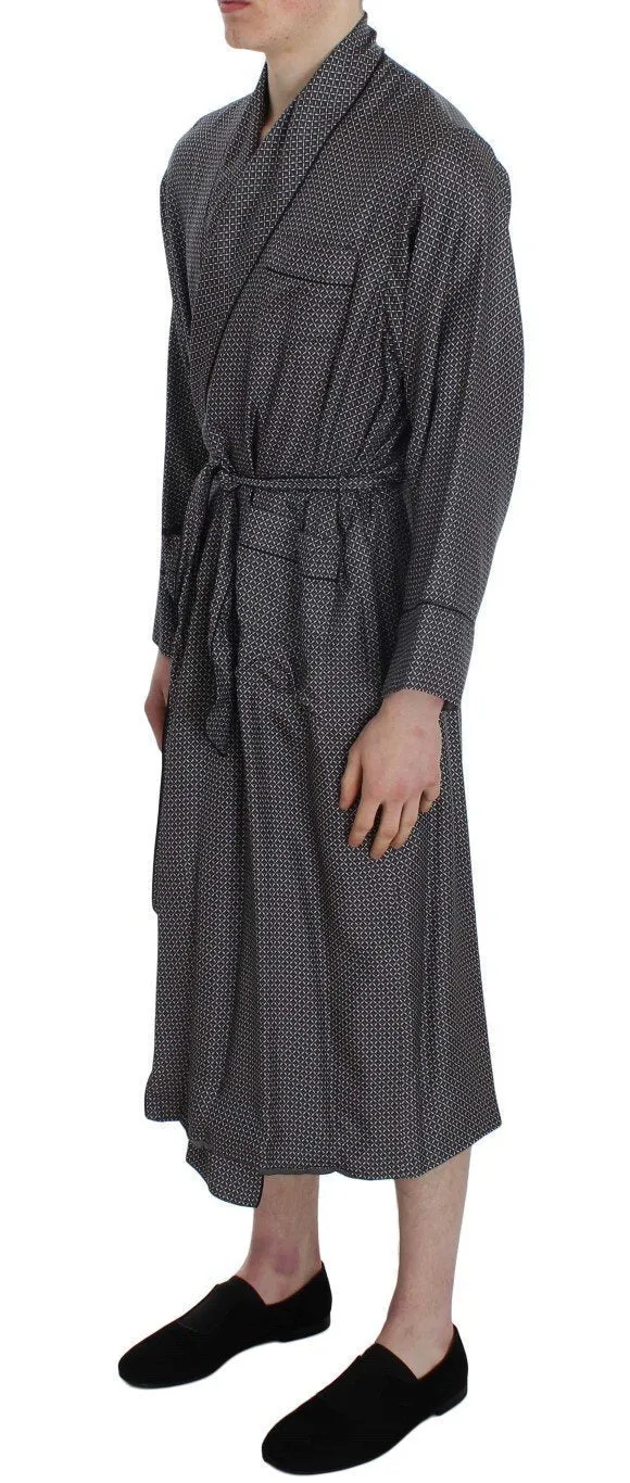Gray Baroque Print Silk Sleepwear Robe