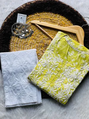 Green Chikankari cotton Kurti With Pant In Mul Mul Cotton