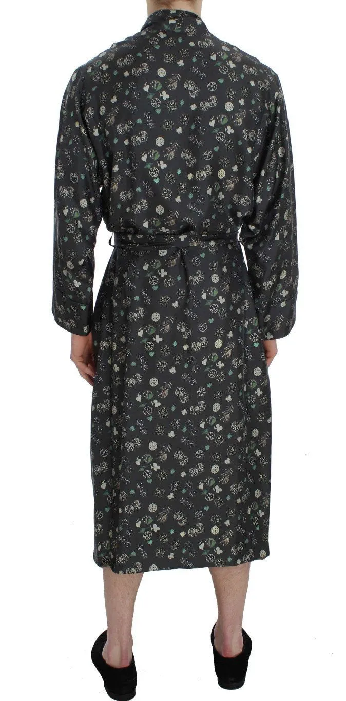Green Dice Card Print Silk Sleepwear Robe