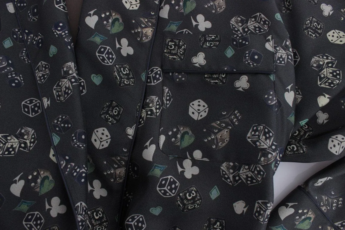 Green Dice Card Print Silk Sleepwear Robe