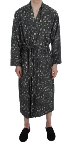 Green Dice Card Print Silk Sleepwear Robe