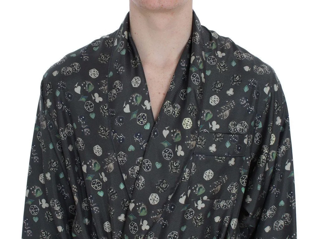 Green Dice Card Print Silk Sleepwear Robe