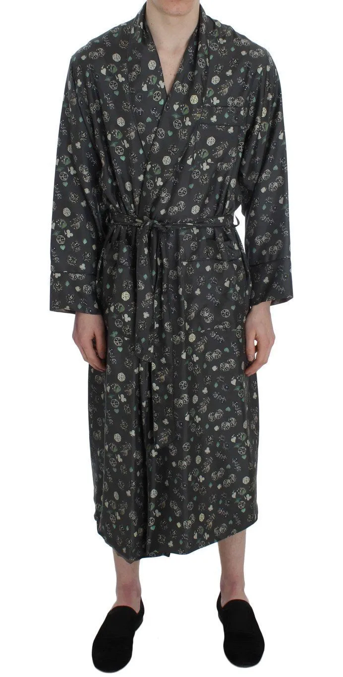 Green Dice Card Print Silk Sleepwear Robe