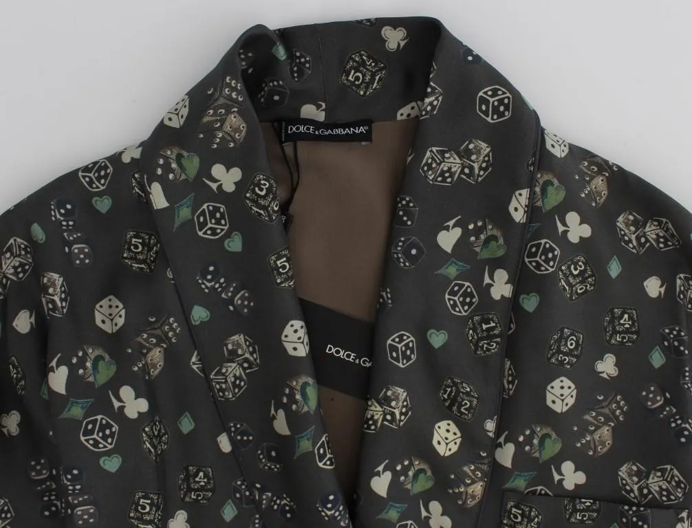 Green Dice Card Print Silk Sleepwear Robe