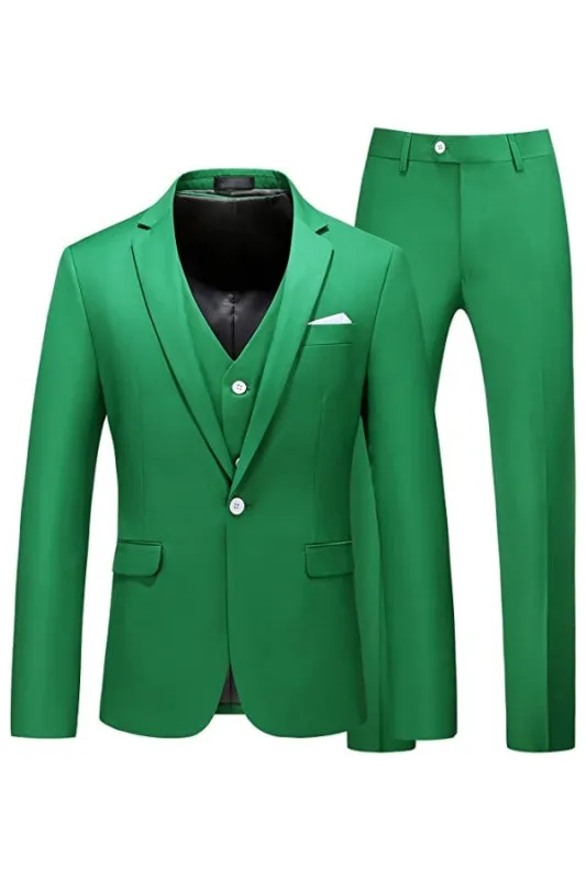 Green Three Piece Notched Lapel Prom Suit