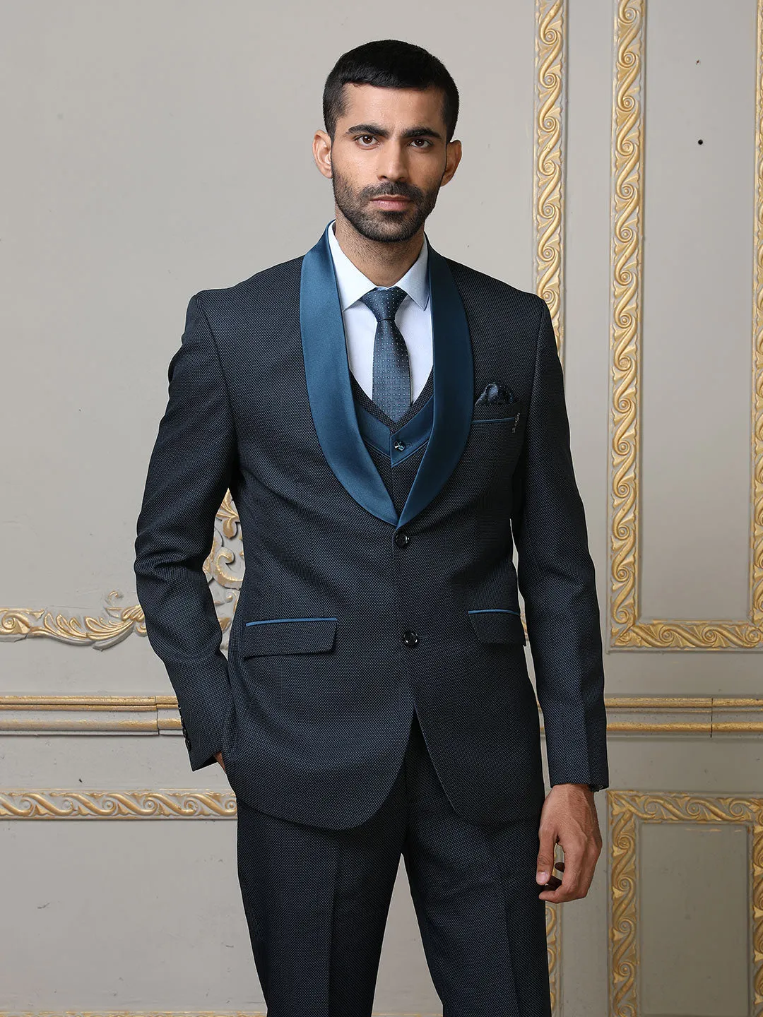 Grey Imported Solid Mens Three Piece Designer Suit