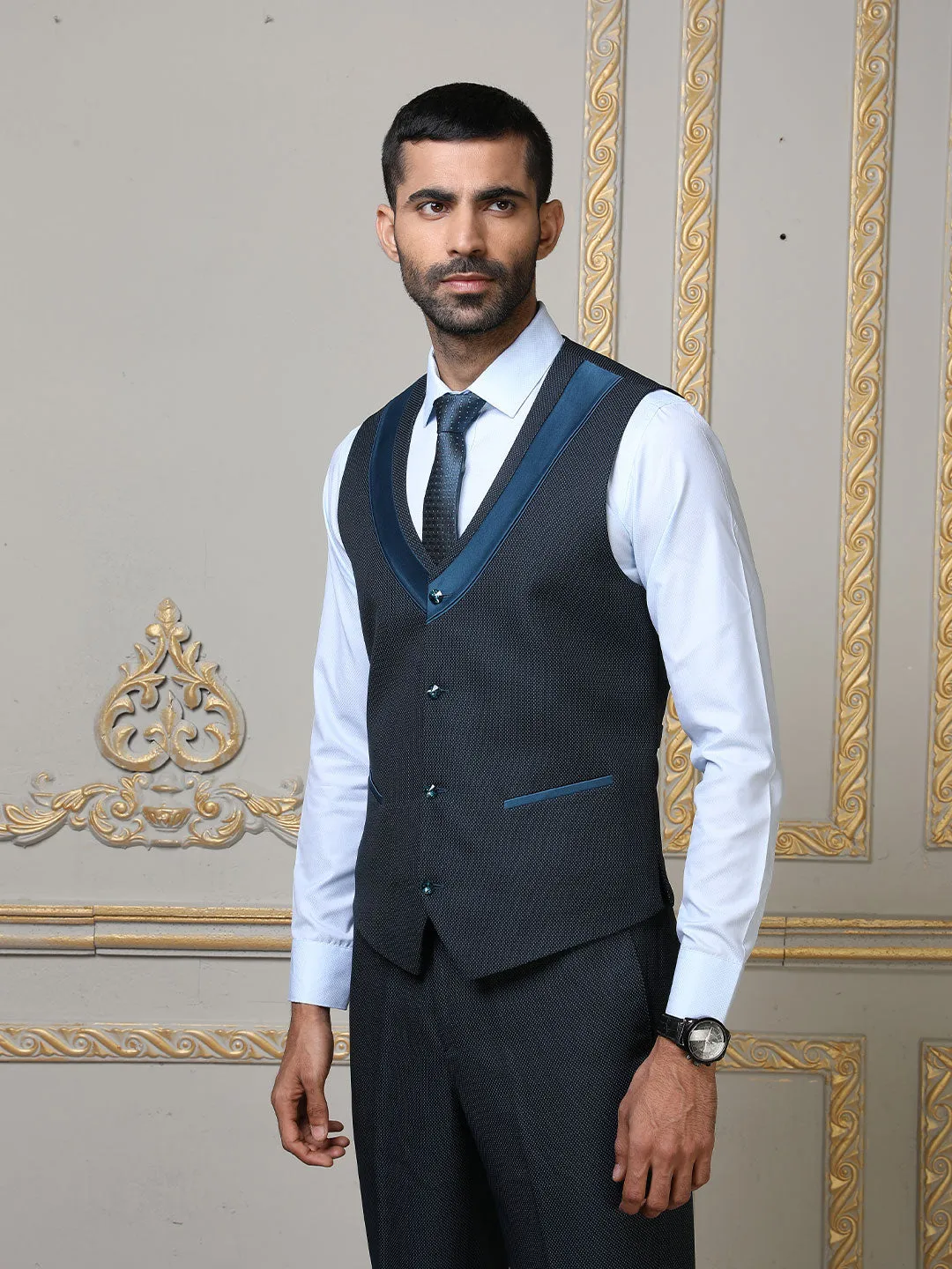 Grey Imported Solid Mens Three Piece Designer Suit