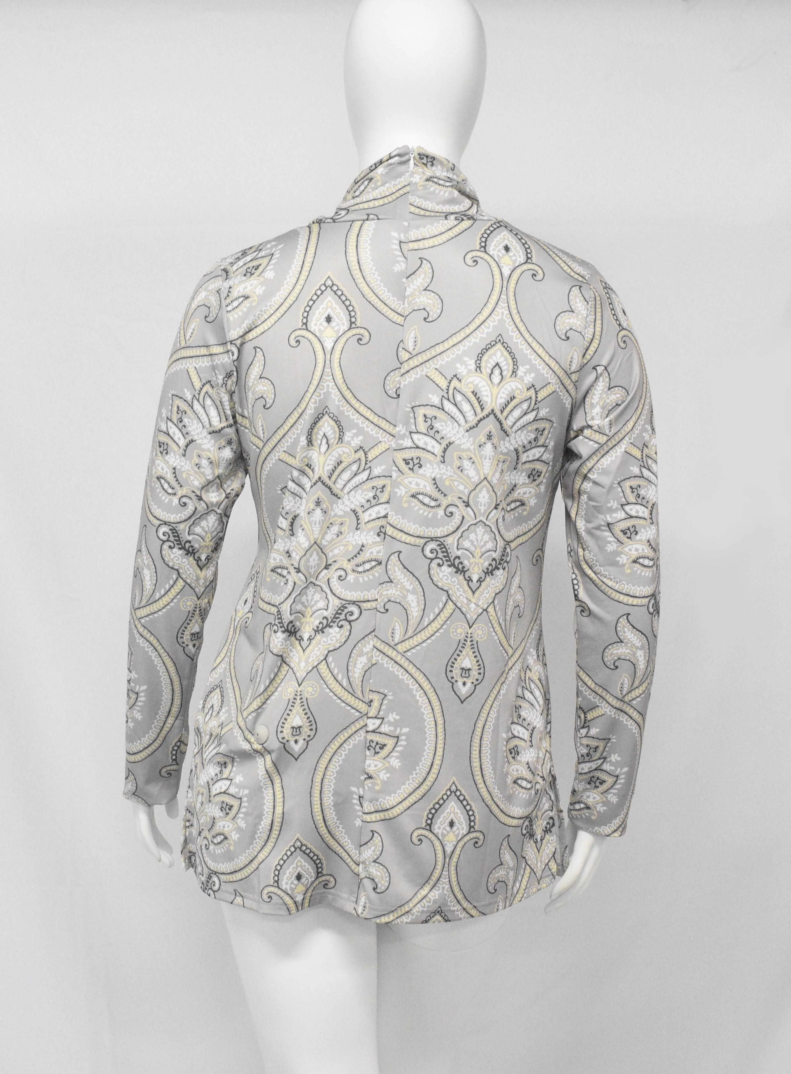 High Neck Long Sleeve Gray Paisley Dress Top