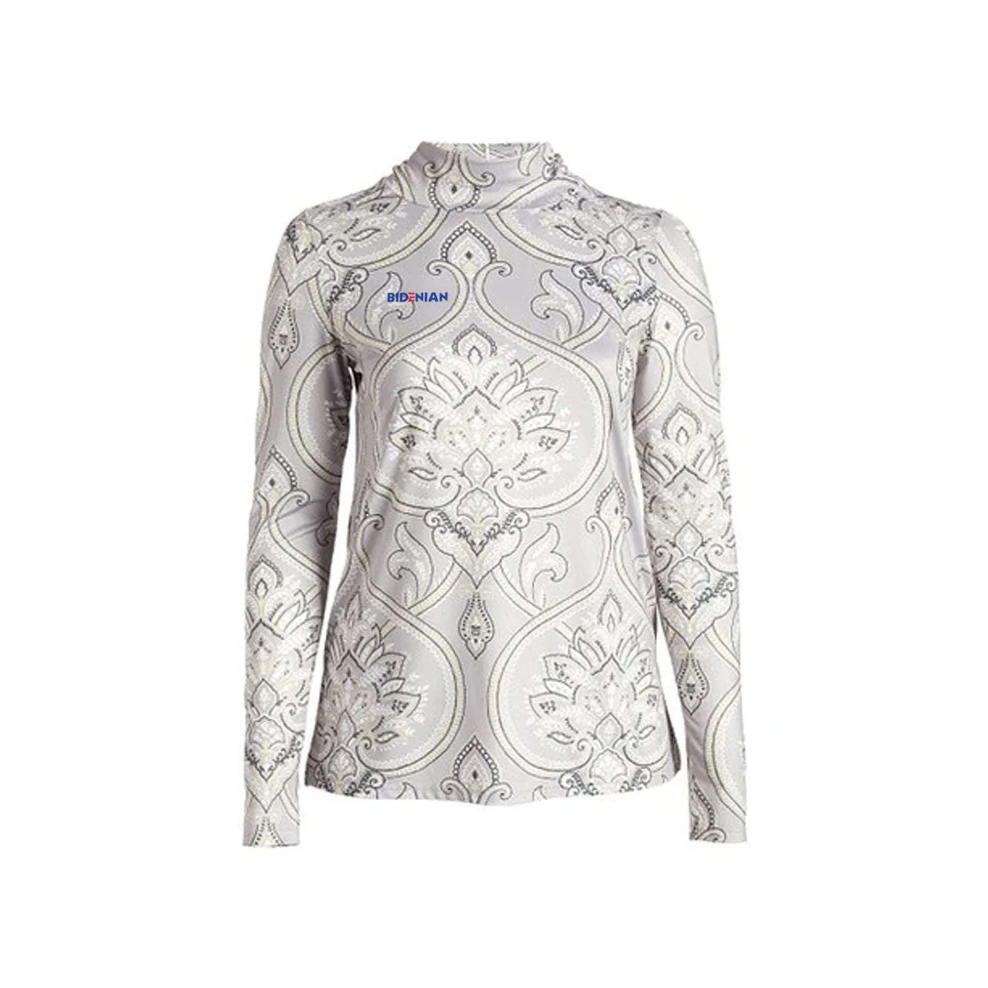 High Neck Long Sleeve Gray Paisley Dress Top