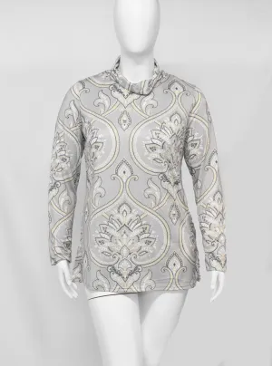 High Neck Long Sleeve Gray Paisley Dress Top