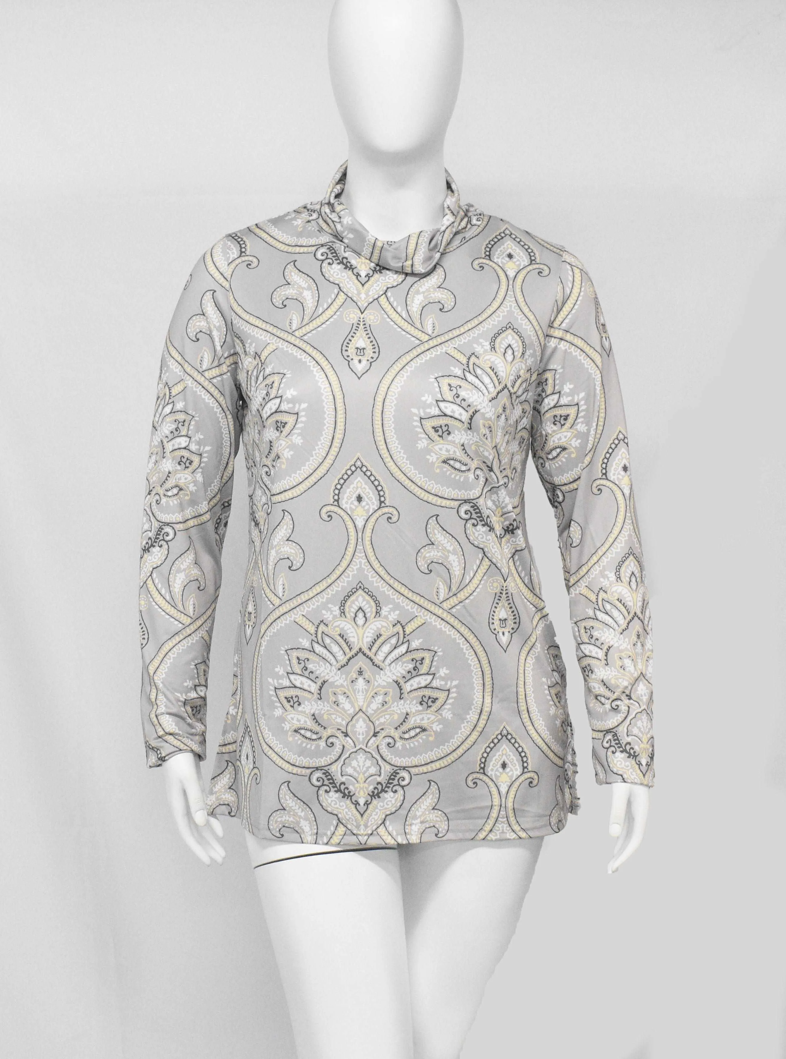 High Neck Long Sleeve Gray Paisley Dress Top