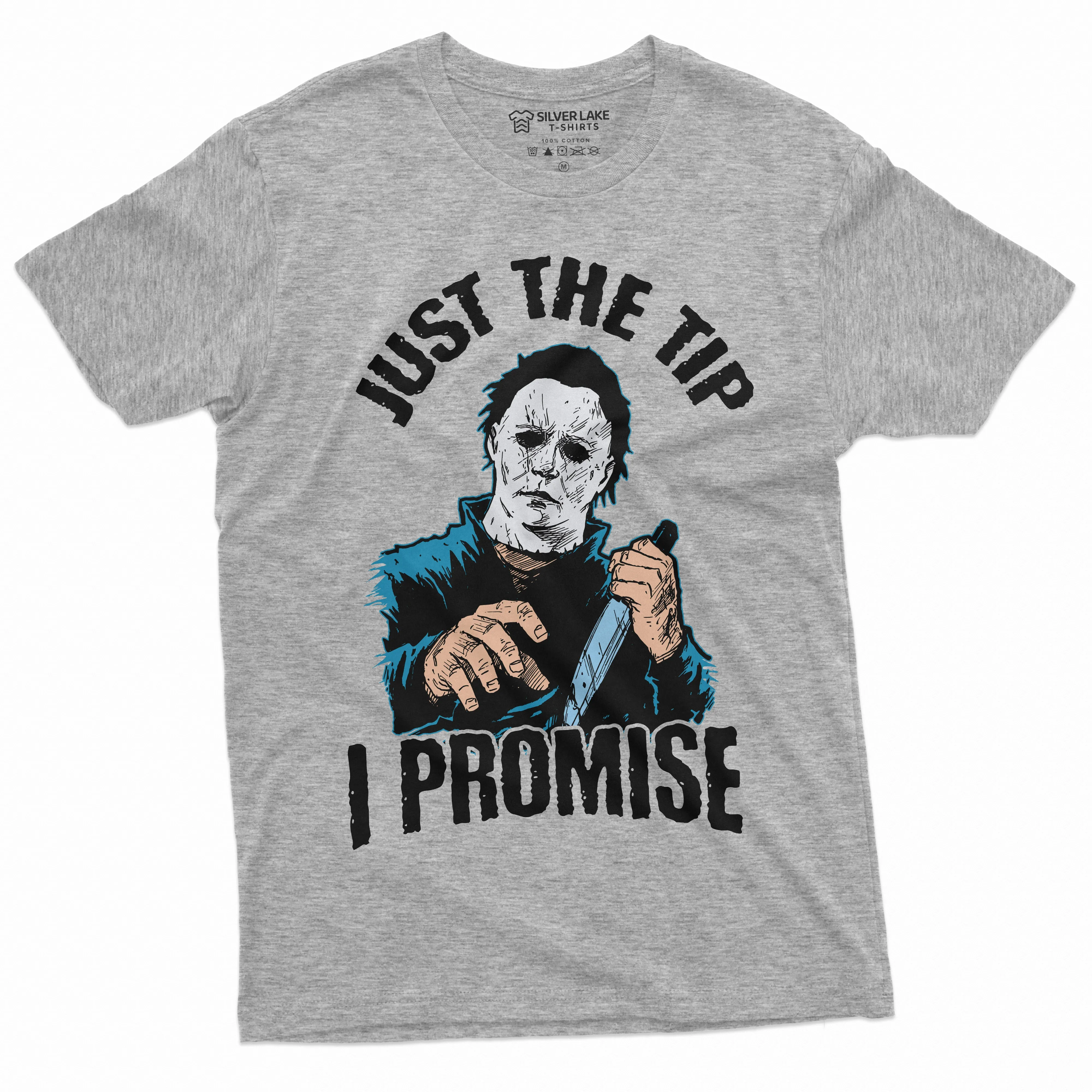 Horror Movie Halloween T-shirt Just the Tip I promise Knife Funny Cool Tee Mens Womens Unisex Scary outfit classic Tee