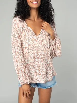 Ikat Print Long Sleeve Blouse - Ivory/Sand FINAL SALE