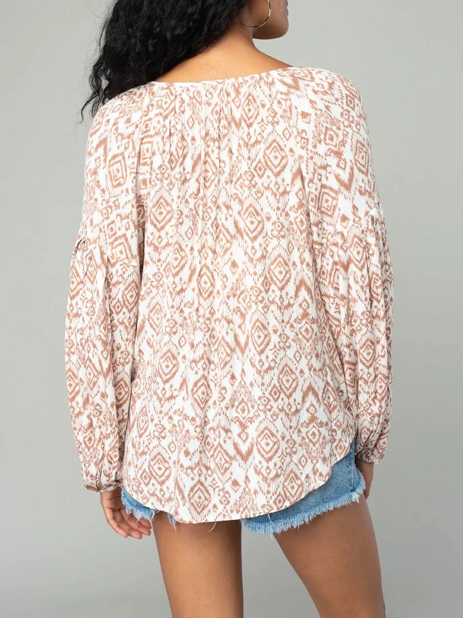 Ikat Print Long Sleeve Blouse - Ivory/Sand FINAL SALE