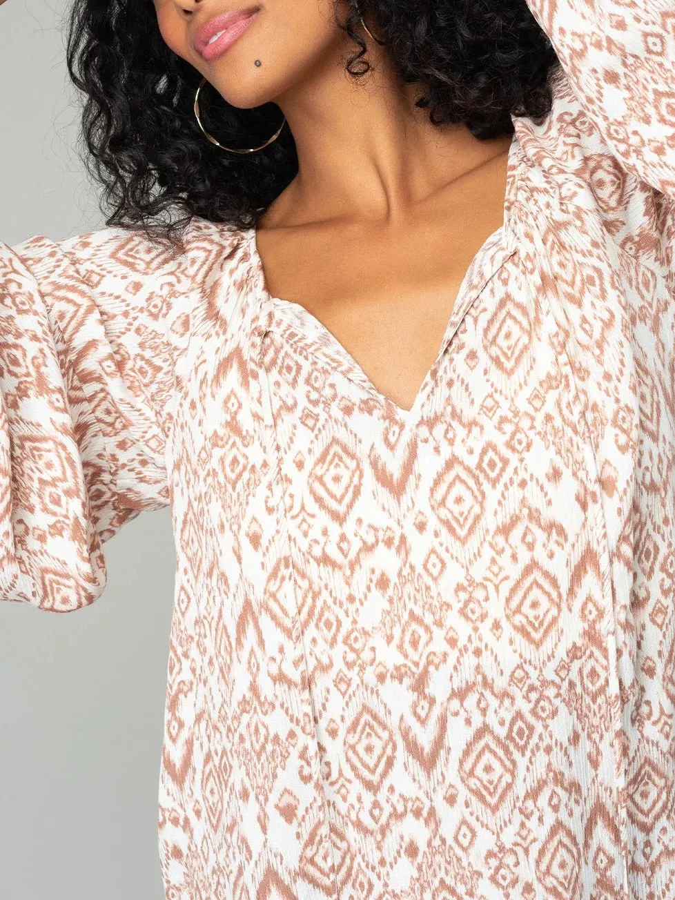 Ikat Print Long Sleeve Blouse - Ivory/Sand FINAL SALE