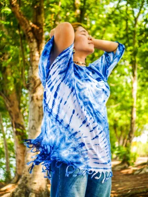 Indigo Wave Hand Dyed Tunic Kaftan Blouse Oversize Top