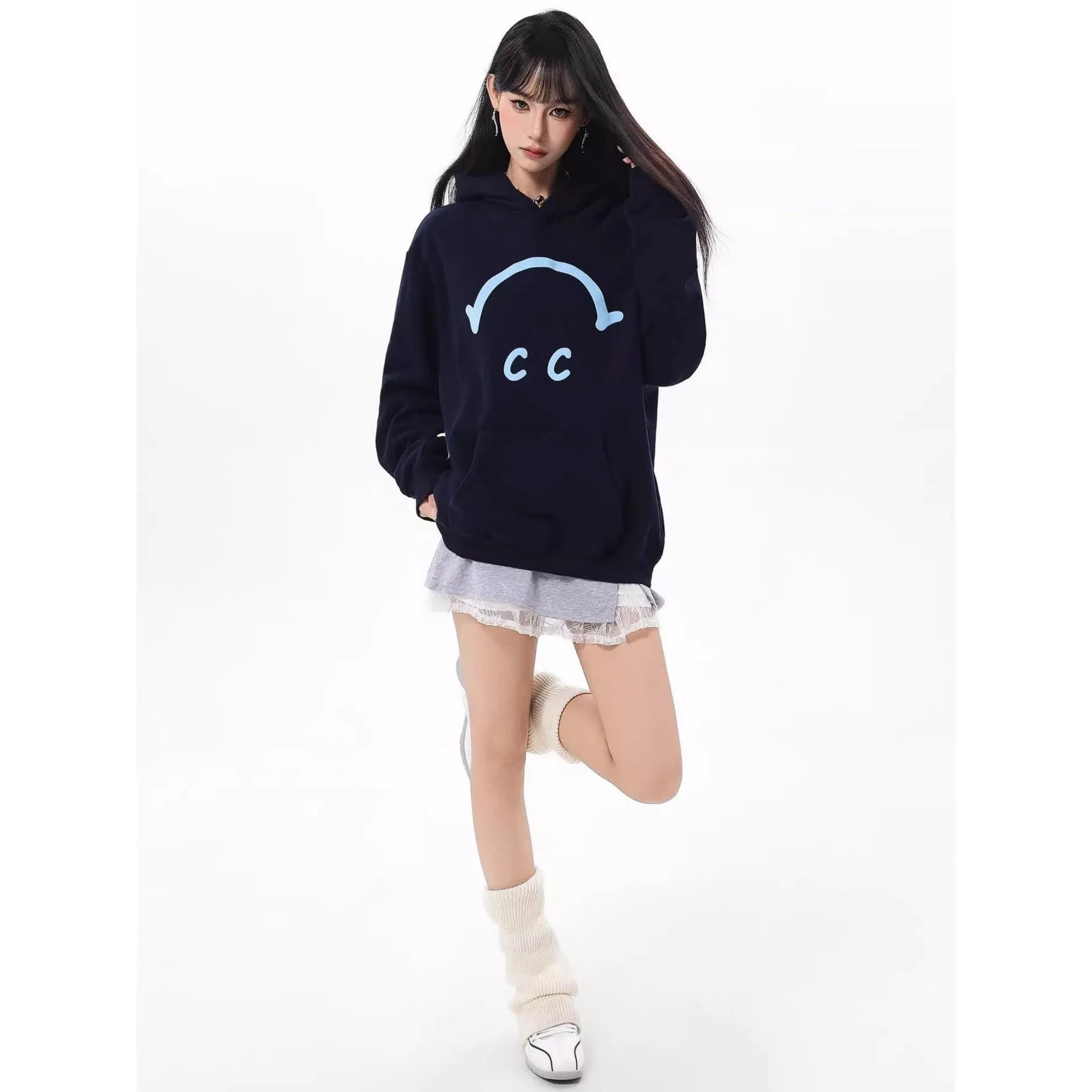 INSTOCK-Navy blue pullover hooded sweatshirt