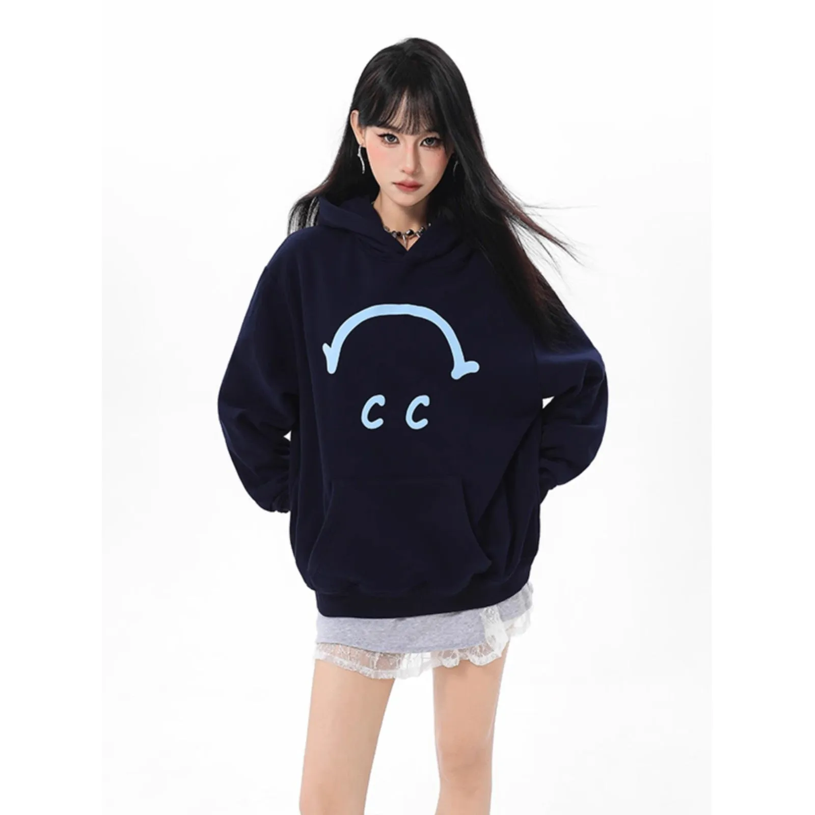 INSTOCK-Navy blue pullover hooded sweatshirt