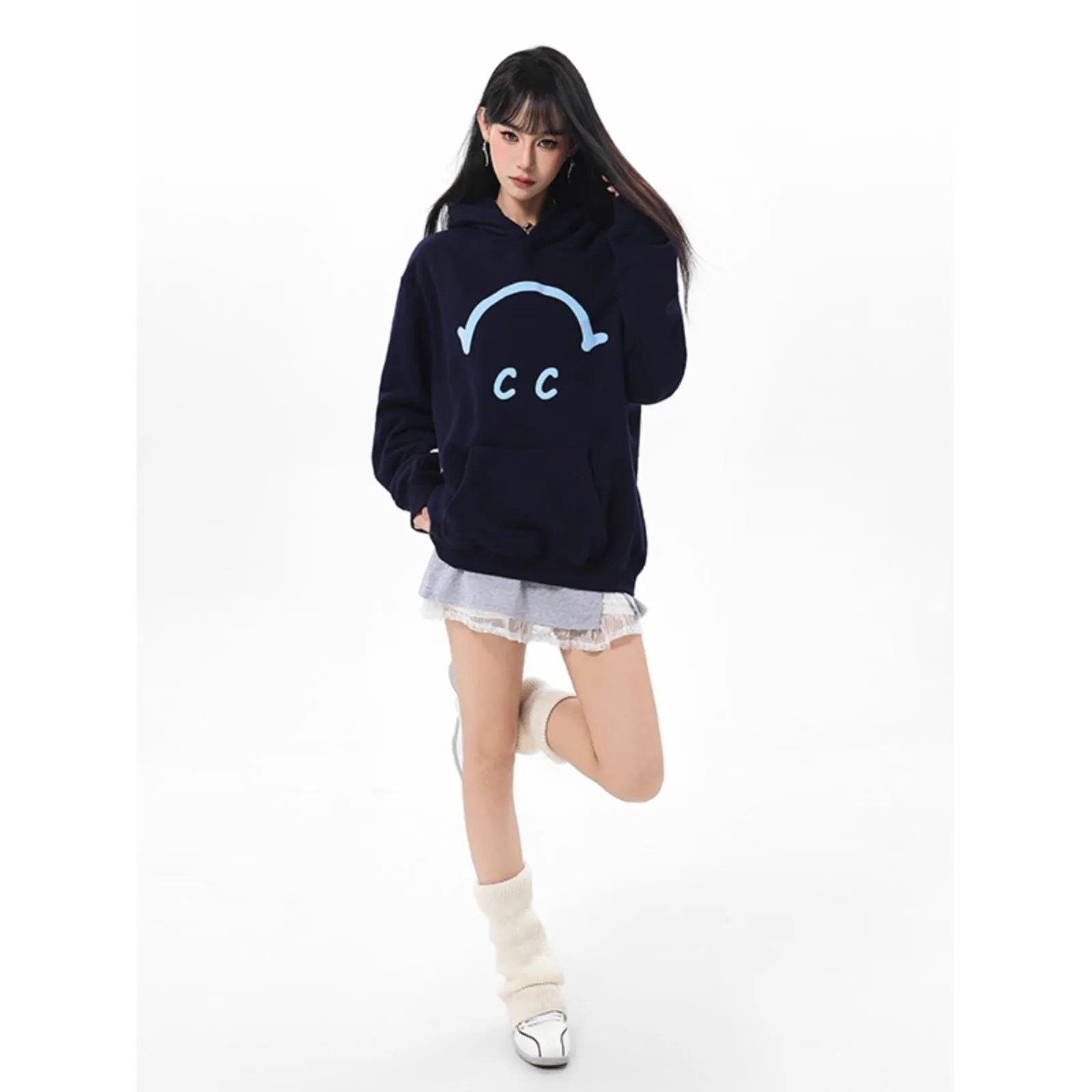 INSTOCK-Navy blue pullover hooded sweatshirt
