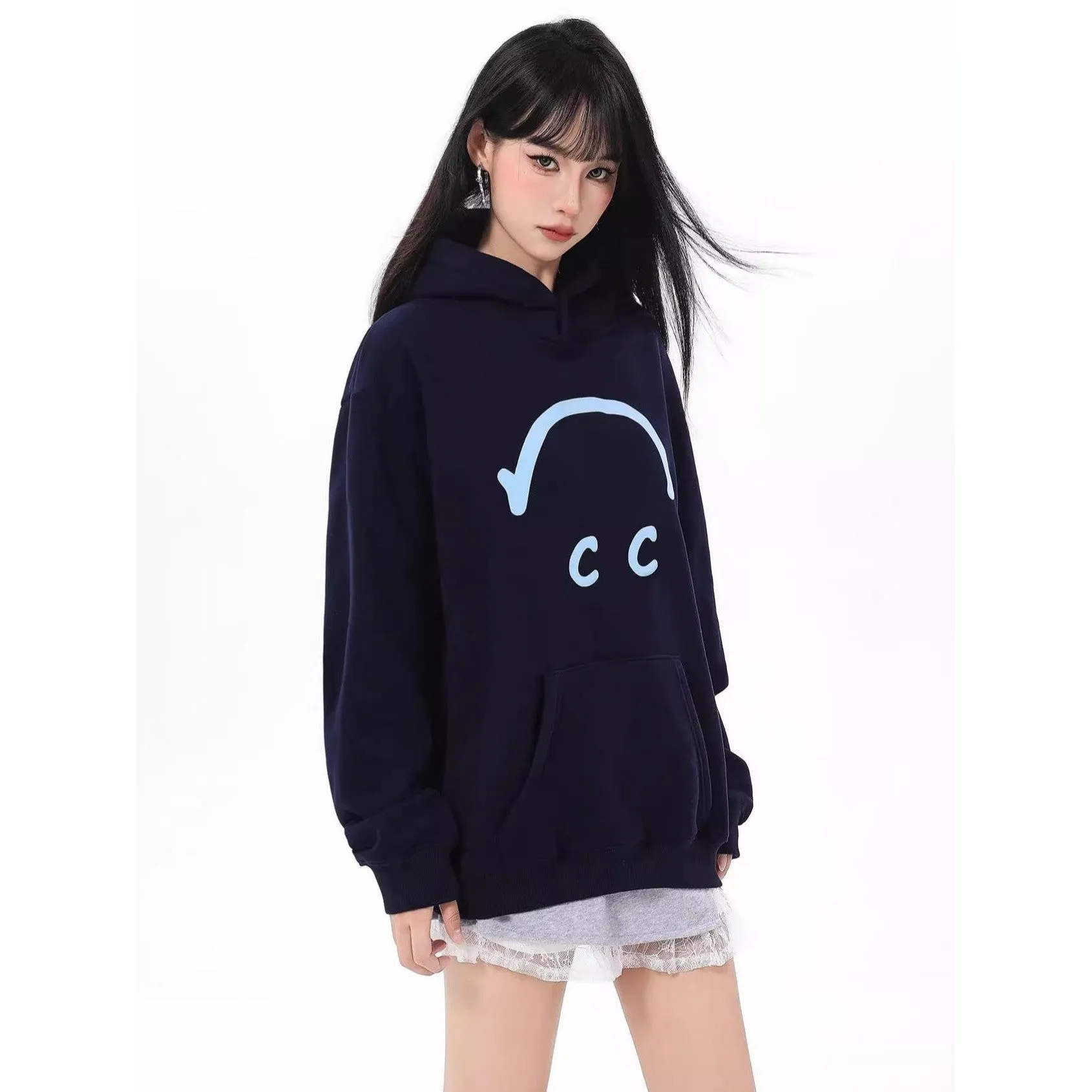 INSTOCK-Navy blue pullover hooded sweatshirt