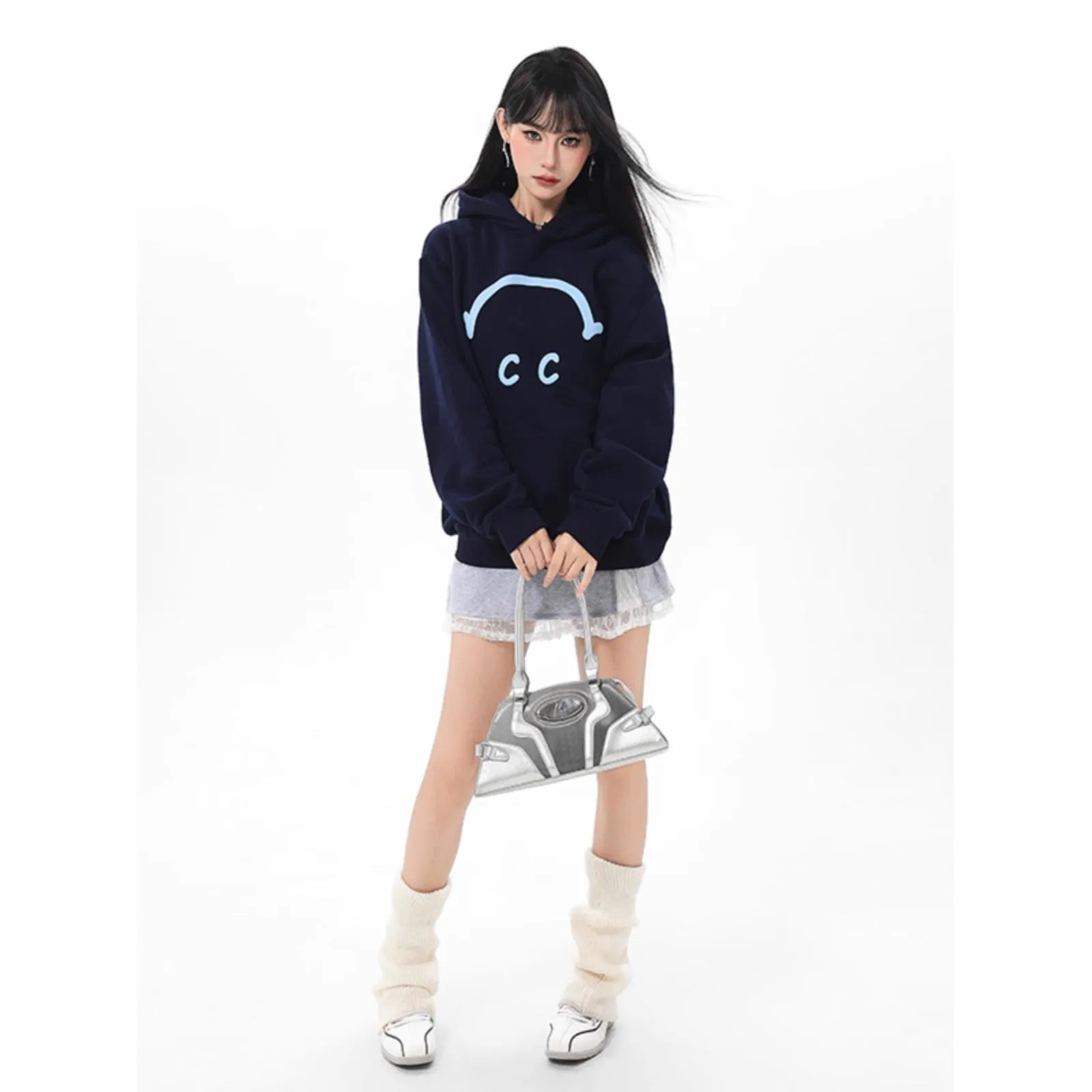 INSTOCK-Navy blue pullover hooded sweatshirt
