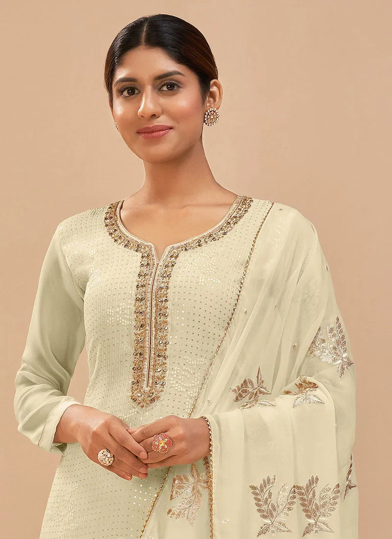 Ivory White Multi Embroidered Pakistani Pant Style Suit