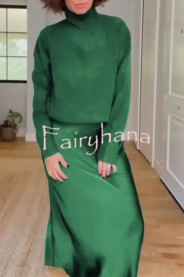 Jaelyn Solid Color Turtleneck Long Sleeve Sweater and Satin Elastic Waist Maxi Skirt Set