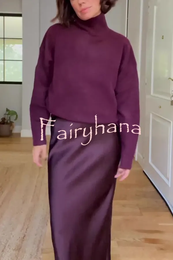 Jaelyn Solid Color Turtleneck Long Sleeve Sweater and Satin Elastic Waist Maxi Skirt Set