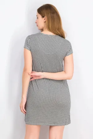 Joan Vass Women's Short Sleeve Micro Checkered Sleepwear Dress, Black Combo