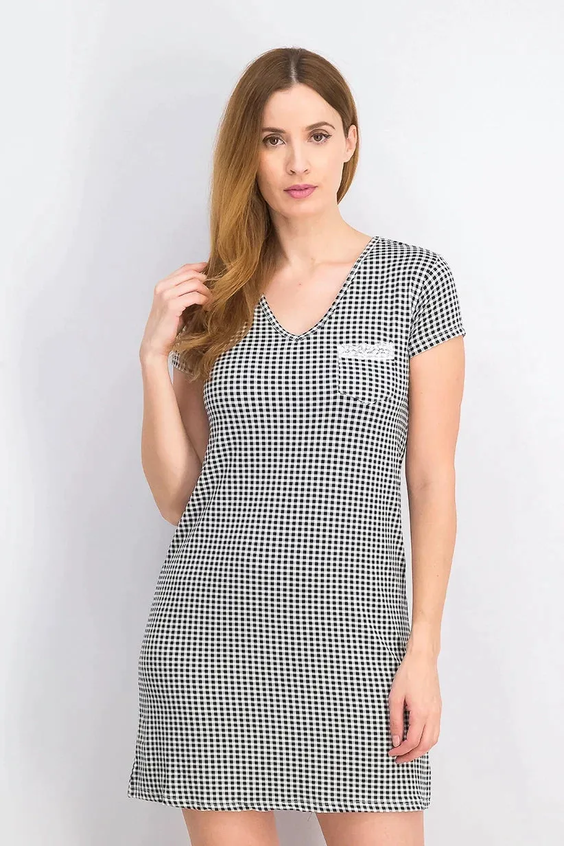 Joan Vass Women's Short Sleeve Micro Checkered Sleepwear Dress, Black Combo