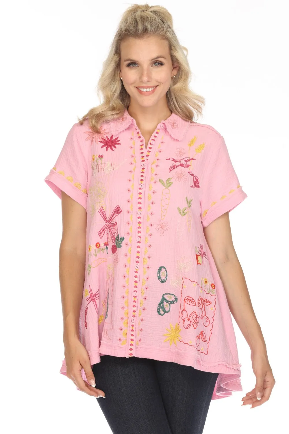 Johnny Was Biya Faye Embroidered Button-Down Blouse B14224 Boho Chic