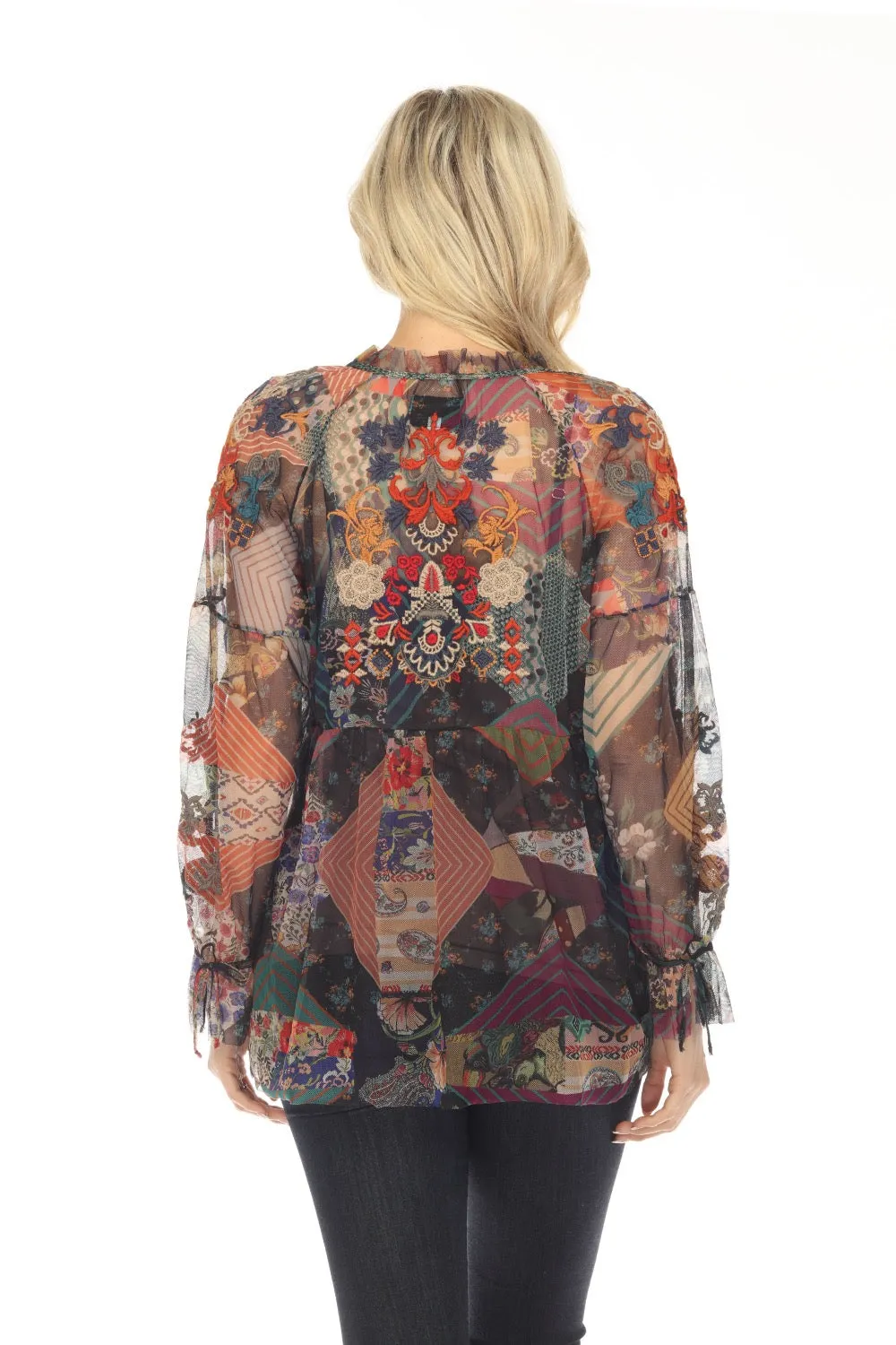 Johnny Was Biya Ilyana Mesh Embroidered Blouse Boho Chic B11323