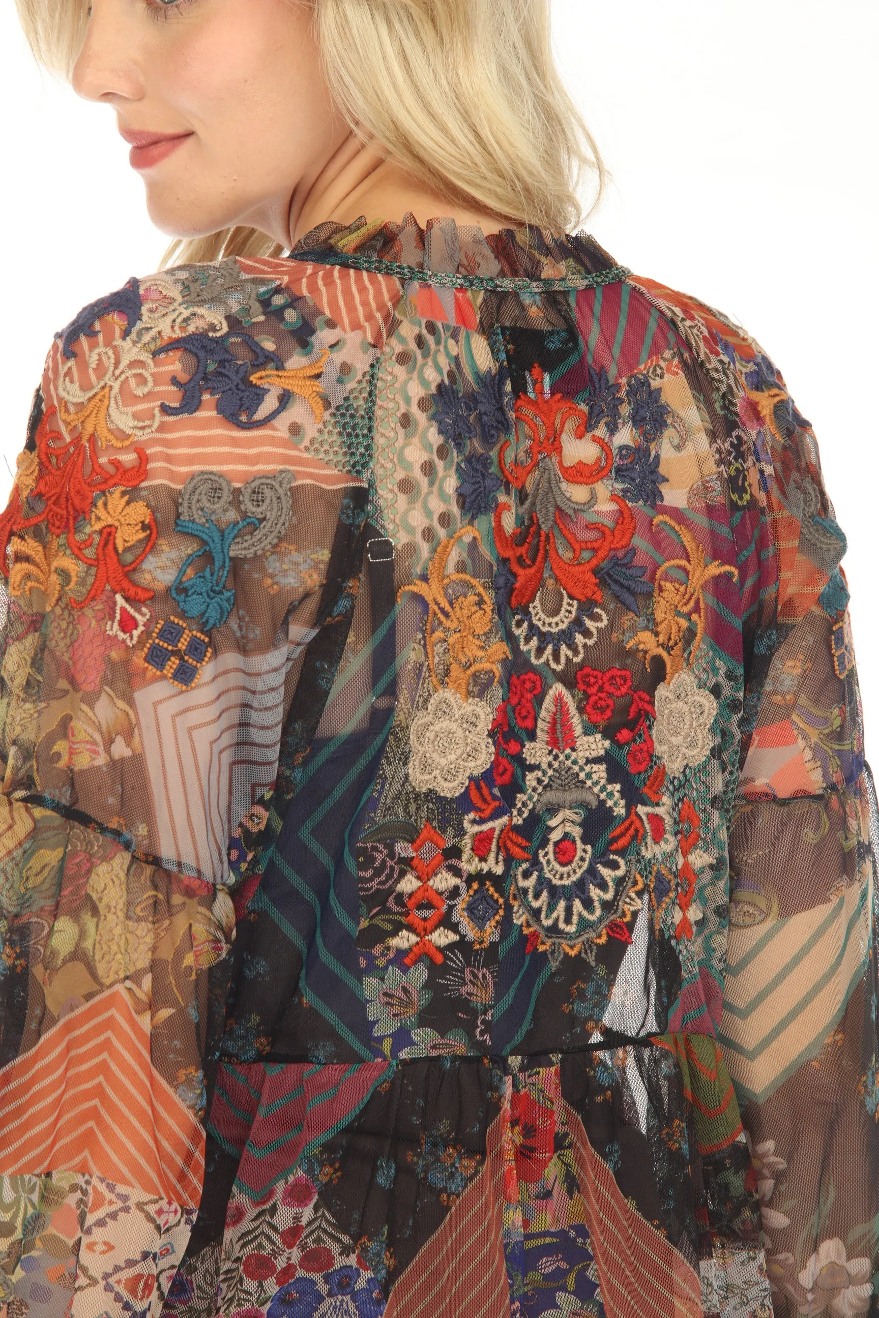 Johnny Was Biya Ilyana Mesh Embroidered Blouse Boho Chic B11323