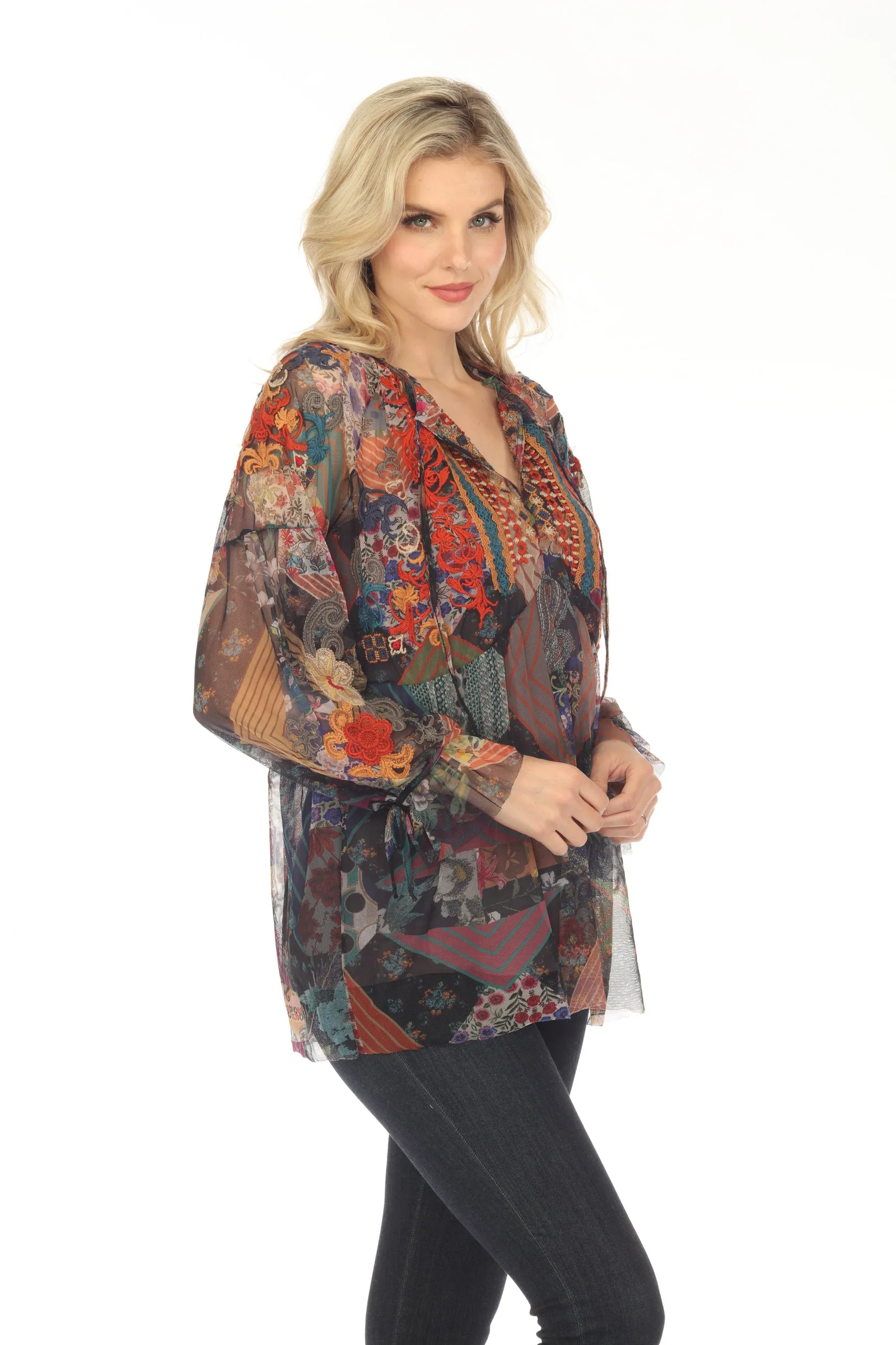 Johnny Was Biya Ilyana Mesh Embroidered Blouse Boho Chic B11323