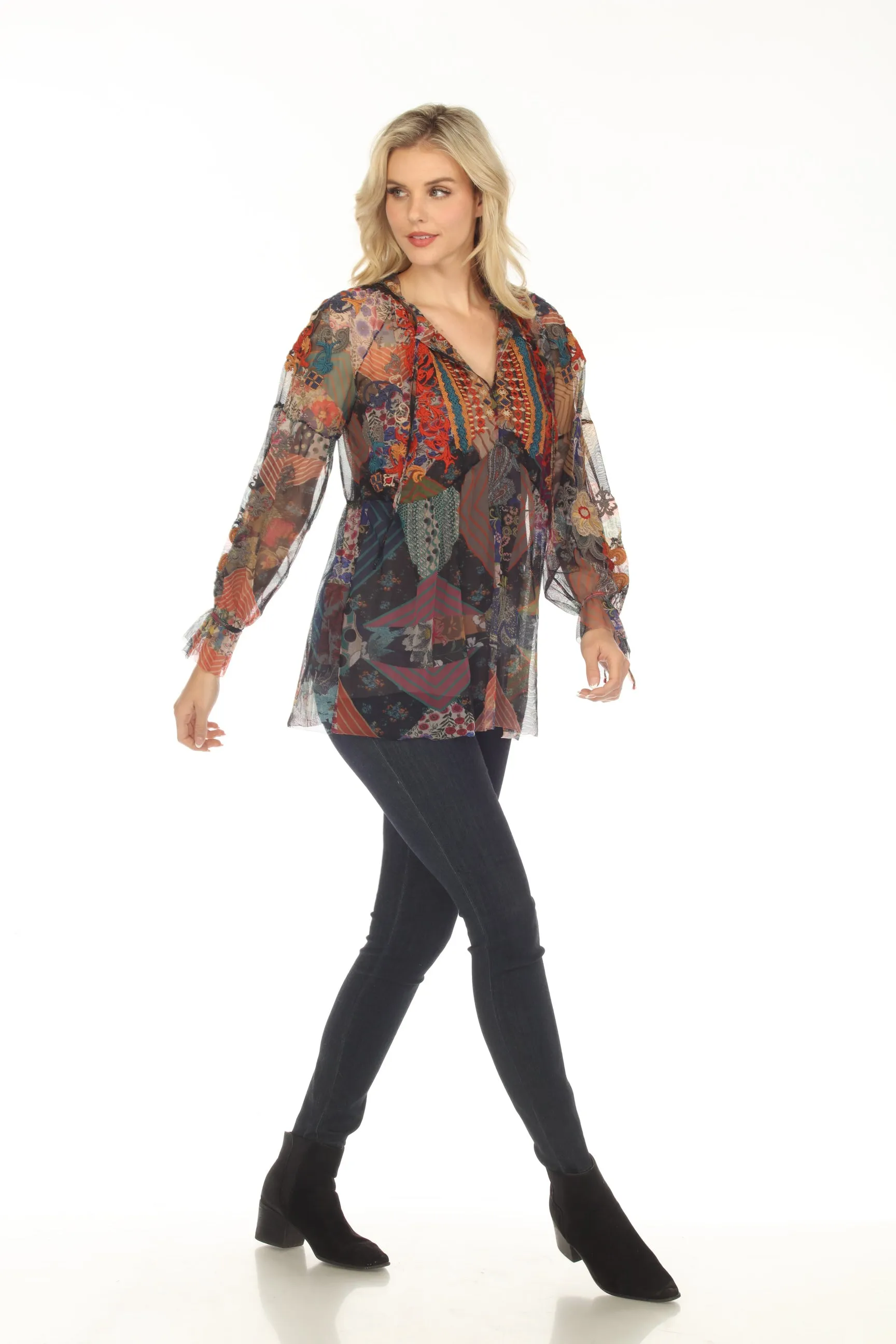 Johnny Was Biya Ilyana Mesh Embroidered Blouse Boho Chic B11323