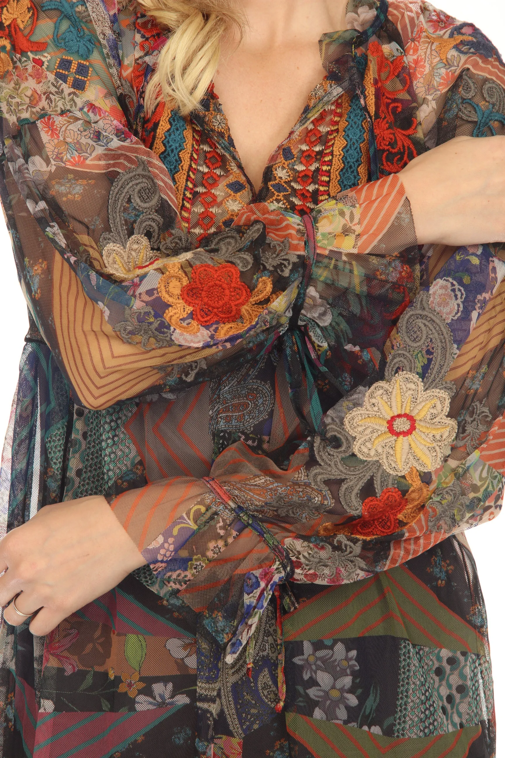 Johnny Was Biya Ilyana Mesh Embroidered Blouse Boho Chic B11323